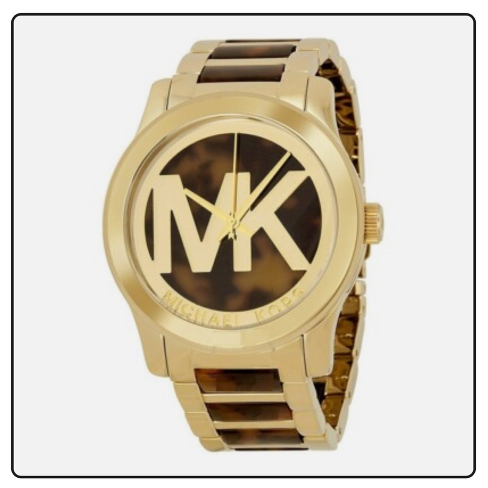 NEW!! MICHAEL KORS RUNWAY GOLD TONE & TORTOISE BROWN LOGO MK BRACELET WATCH